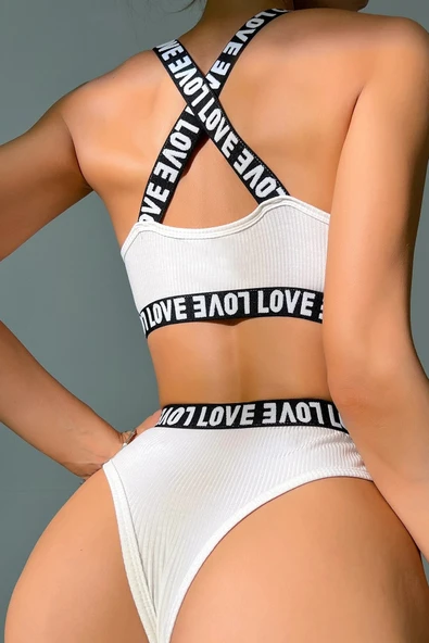 Kadın Beyaz Çapraz Sırt Ve Love Yazı Detaylı Iç Çamaşır Takımı - Modern, Konforlu - Resim 2