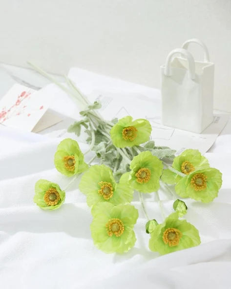 Yapay Çiçek Gelincik Çiçeği Yeşil Renk 3 Çiçek 1 Tomurcuk 59Cm - Resim 6