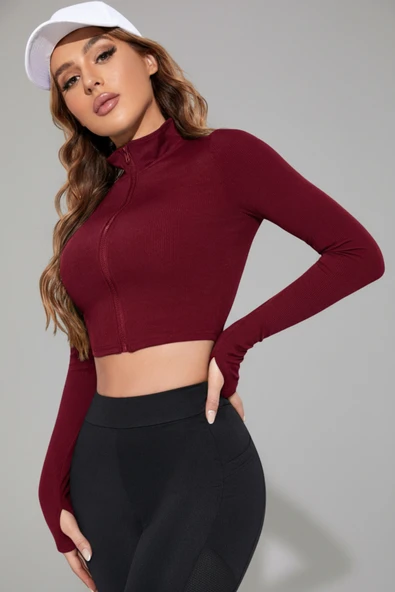 Kadın Bordo Uzun Kol Fermuarlı Parmak Geçme Detaylı Dik Yaka Crop Top Bluz - Resim 5