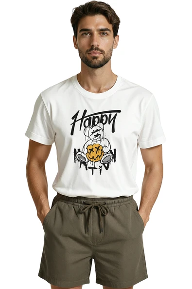 Graffiti Tarzı ''Happy'' Yazılı ve X Gözlü Ayıcık Baskılı Premium Erkek Tişört - Resim 6