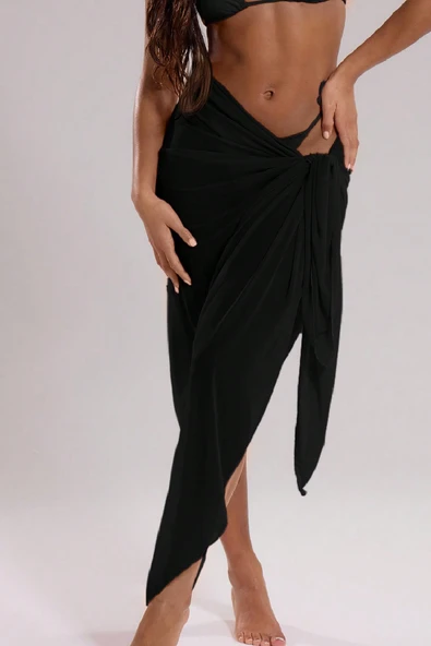 Kadın Siyah Bodrum Stili Bağlama Detaylı 150x75 Pareo - Modern ve Şık Tasarım - Resim 7