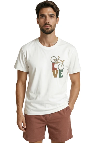 Vintage Bisiklet Figürlü ve LOVE Yazılı Retro Tasarım Premium Erkek Tişört - Resim 6