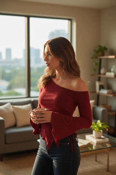 Kadın Bordo Uzun İspanyol Kollu Asimetirik Yaka Yandan Bağlamalı Drapeli Bluz - Resim 2