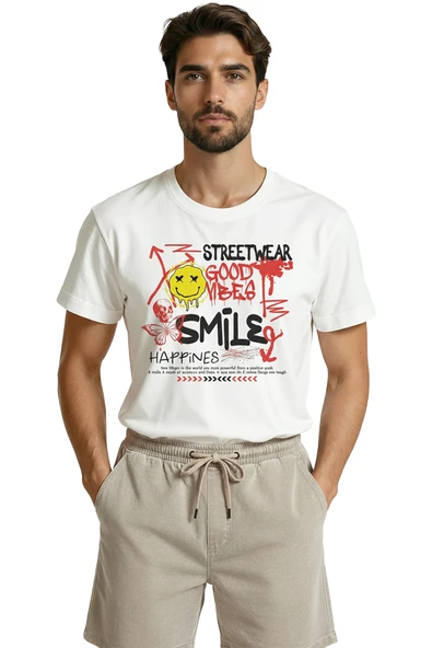 ''Streetwear Good Vibes'' ve ''Smile'' Yazılı Graffiti Temalı Premium Erkek Tişört ürün görseli 1