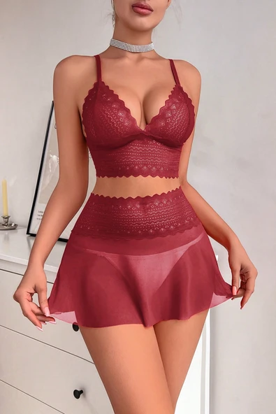 Kadın Bordo Dantel ve Tül Detaylı Etekli Şık Gecelik Takımı - Modern, Konforlu - Resim 3