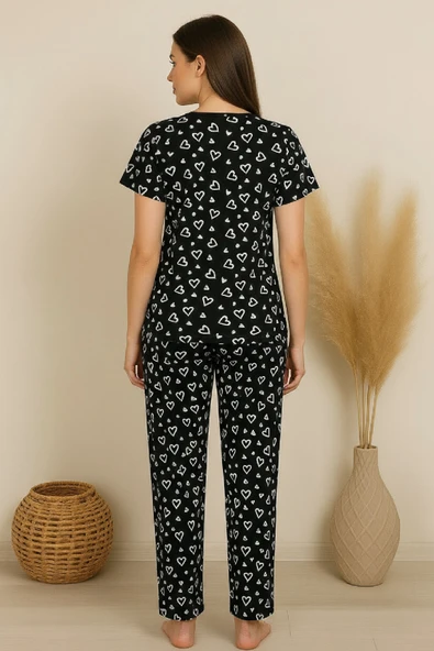 Kadın Siyah Kalp Desenli Fiyonklu Kısa Kollu Uzun Pijama Takımı - Resim 8