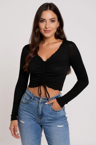 Kadın Siyah Uzun Kollu Büzdürme Bağcık Detaylı Crop Top Bluz - Şık, Rahat ve Kolay Kombinlenebilir - Resim 6