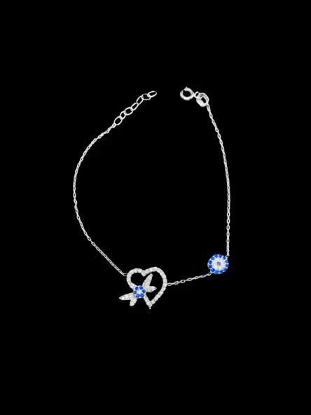 ? Nazar Boncuğu ve Mavi Taşlı Kalp Figür 925 Ayar Gümüş Bileklik — Zarafet, Koruma ve Aşkın Simgesi ürün görseli 1