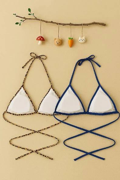 Kadın Leopar Desenli ve Mavi Minimal Kesim Üçgen Bikini Üstü - Modern ve Şık Tasarım - Resim 4