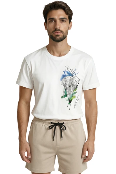 Sanatsal Fil Eskizi ve Sulu Boya Efektli Modern Tasarım Premium Erkek Tişört ürün görseli 1