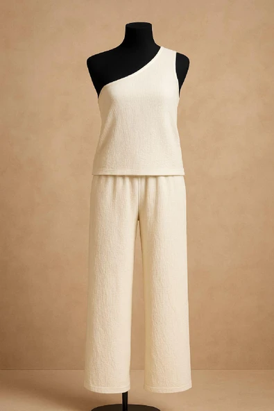 Kadın Beyaz Tek Omuzlu Şık Bluz & Geniş Paça Pantolon İkili Takım - Resim 6