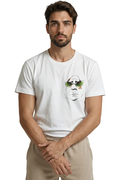 Minimalist Çizim Yeşil Gözlüklü Karakter Baskılı Premium Erkek Tişört - Resim 3
