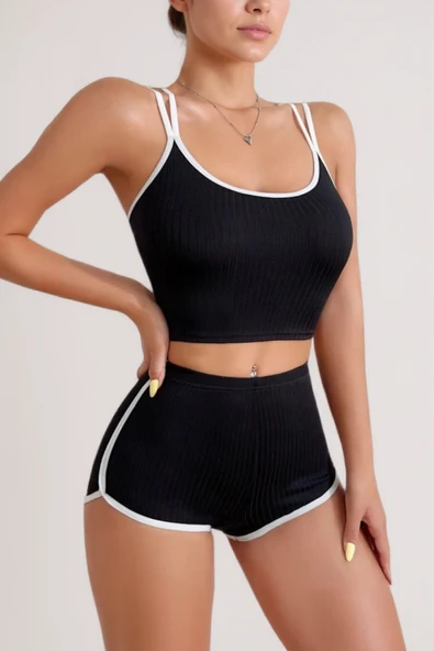 Kadın Siyah Beyaz Çapraz Lastik Detaylı Kaşkorse Şortlu Gecelik Takımı - Resim 2