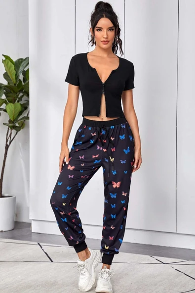 Kadın Siyah Çift Fermuarlı Yarım Kol Crop Top Bluz - Şık, Rahat ve Kolay Kombinlenebilir - Resim 4