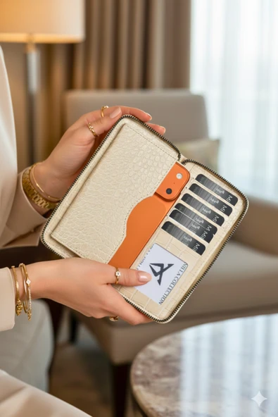 Telefon Bölmeli Timsah Desenli Fermuarlı Kadın Cüzdanı Bej Vegan Deri - Resim 3