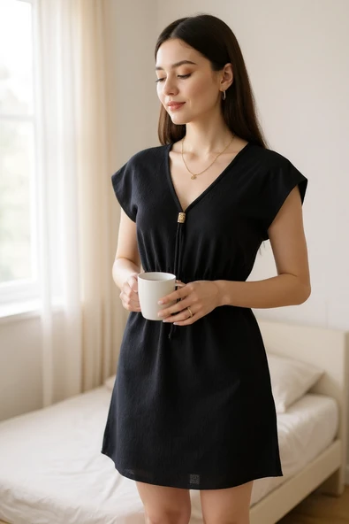 Kadın Siyah Yanları Yırtmaçlı Tokalı V Yaka Mini Plaj Elbisesi - Resim 7