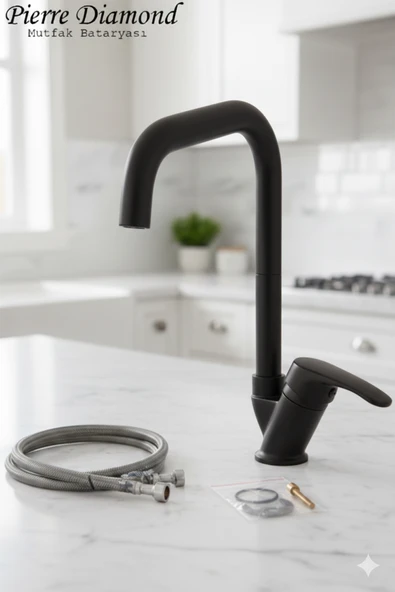 Mutfak Bataryası Köşe Borulu Siyah Renk Eviye Musluğu Musluk Armatür ürün görseli 1