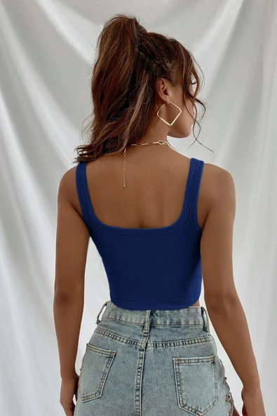 Kadın Lacivert Kalın Askılı Crop Top Büstiyer - Modern ve Şık Tasarım - Resim 2