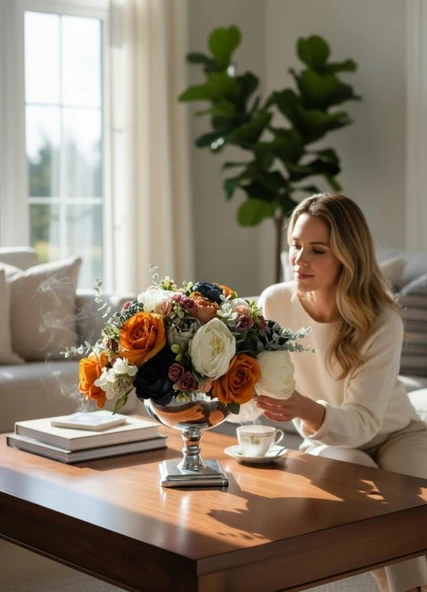 Yapay Çiçek Aranjmanı Gümüş Renk Metal Vazolu Arajman Nişan Kız İsteme Çiçeği Somon Lacivet Krem - Resim 5