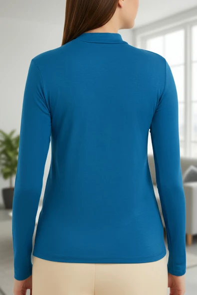 Kadın Mavi Parmak Detaylı Esnek Uzun Kollu Body - Resim 4