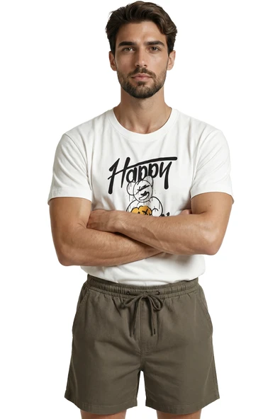 Graffiti Tarzı ''Happy'' Yazılı ve X Gözlü Ayıcık Baskılı Premium Erkek Tişört - Resim 4