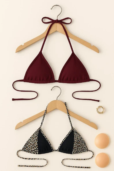 Kadın Leopar Desenli ve Bordo Minimal Kesim Üçgen Bikini Üstü - Modern ve Şık Tasarım - Resim 2