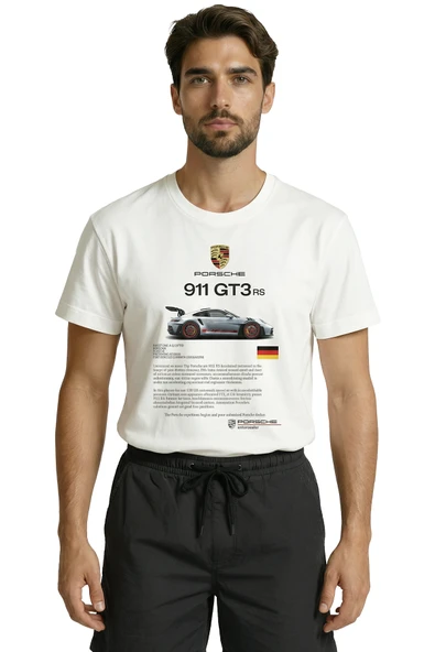 911 GT3 RS Spor Araba Baskılı Tasarım Premium Pamuk Erkek Tişört - Resim 6