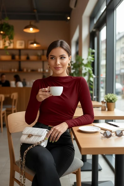 Kadın Bordo Belden ve Boyundan Büzgü Detaylı Uzun Kollu Bluz - Resim 3
