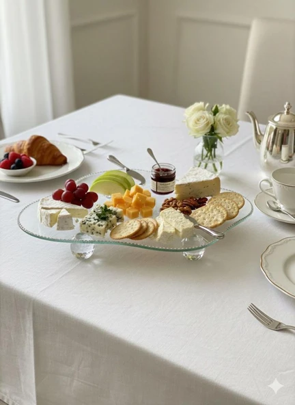 Dekoratif Cam Tepsi Kristal - Elmas Bulut Modeli Top Ayaklı Cam Kenarı Taşlı Sunumluk ürün görseli 1