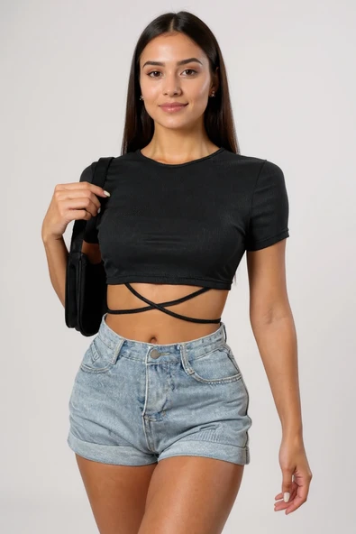 Kadın Siyah Yarım Kol Çapraz Bağlamalı Crop Top Bluz - Şık, Rahat ve Kolay Kombinlenebilir - Resim 2