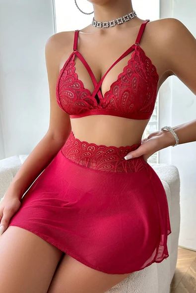Kadın Kırmızı Göğsü ve Beli Dantel Detaylı Etekli Takım - Modern, Konforlu - Resim 4