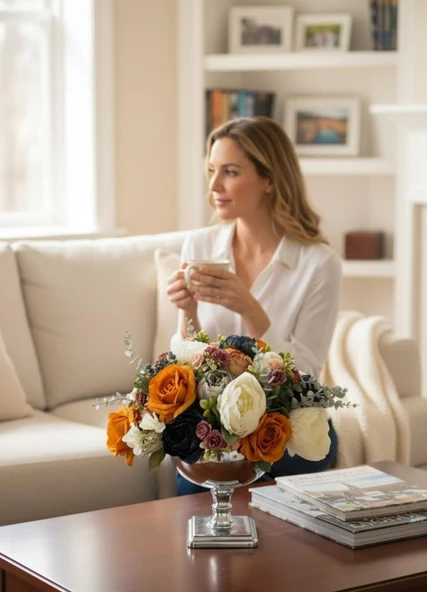 Yapay Çiçek Aranjmanı Gümüş Renk Metal Vazolu Arajman Nişan Kız İsteme Çiçeği Somon Lacivet Krem - Resim 6