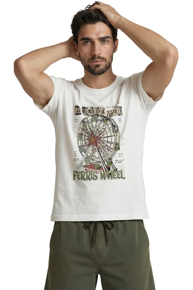 Nostaljik Lunapark ve Dönme Dolap Temalı Vintage Tasarım Premium Erkek Tişört - Resim 4