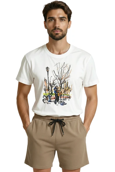 Sokak Müzisyeni Temalı Sanatsal Baskılı Premium Erkek Tişört ürün görseli 1