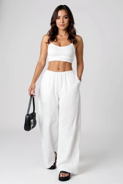 Kadın Beyaz Bol Kesim Cepli Geniş Paça Dökümlü Pantolon - Resim 7