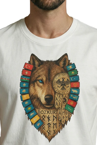 Türk Devletleri Bayraklı ve Göktürkçe Yazılı Bozkurt Tasarım Premium Erkek Tişört - Resim 7