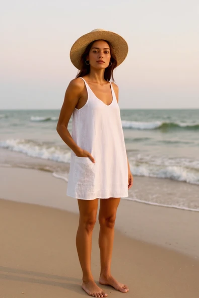 Kadın Beyaz Mini Cepli Tulum Plaj Elbisesi - Şık, Rahat ve 4 Mevsim Kullanıma Uygun - Resim 2