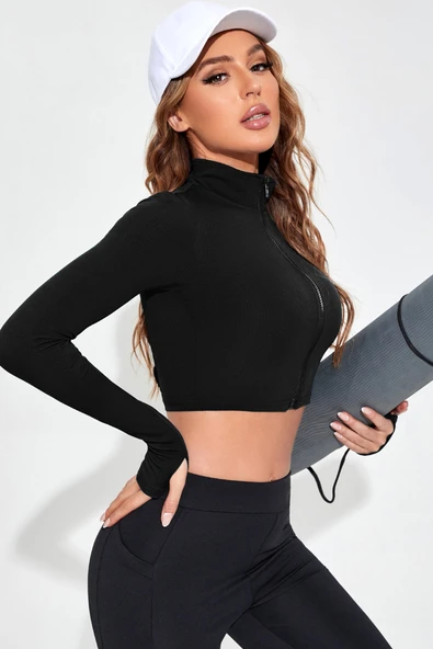 Kadın Siyah Uzun Kol Fermuarlı Parmak Geçme Detaylı Dik Yaka Crop Top Bluz - Resim 3
