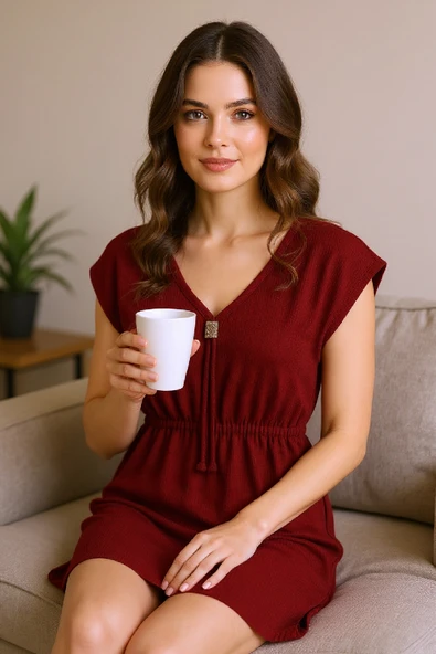 Kadın Bordo Yanları Yırtmaçlı Tokalı V Yaka Mini Plaj Elbisesi - Resim 8