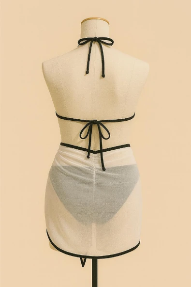 Kadın Siyah Beyaz Pareolu Yandan ve Boyundan Bağlamalı 3'lü Bikini Takımı - Resim 4