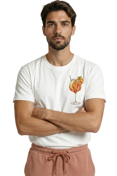 Kokteyl ve Portakal Dilimi Baskılı Premium Erkek Tişört - Resim 4