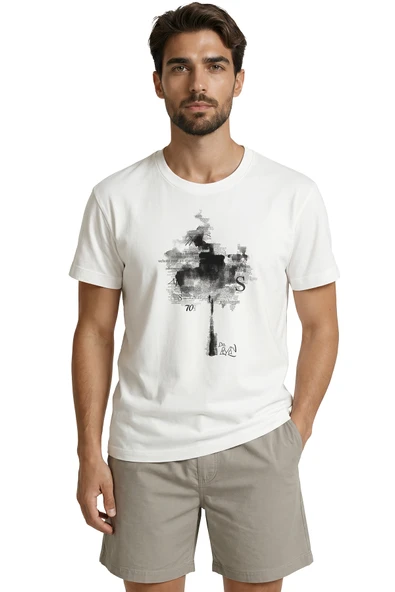 Soyut Mürekkep Lekesi ve Tipografik Ağaç Baskılı Tasarım Premium Erkek Tişört - Resim 6