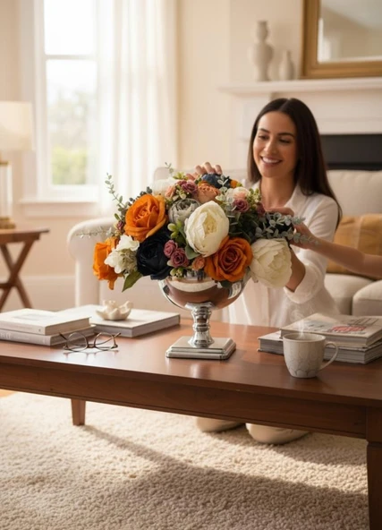 Yapay Çiçek Aranjmanı Gümüş Renk Metal Vazolu Arajman Nişan Kız İsteme Çiçeği Somon Lacivet Krem - Resim 8