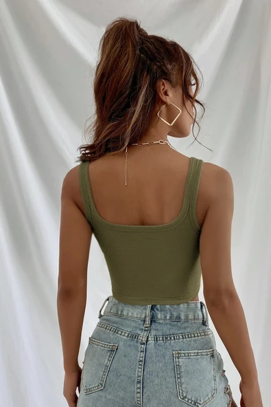 Kadın Haki Yeşili Kalın Askılı Crop Top Büstiyer - Modern ve Şık Tasarım - Resim 2