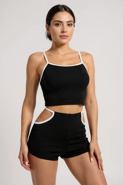 Kadın Siyah Beyaz Şortlu Cut-Out Detaylı Gecelik Takımı ürün görseli 1