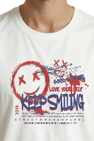 Graffiti Tarzı ''Keep Smiling'' ve Gülen Yüz Baskılı Streetwear Premium Erkek Tişört - Resim 7