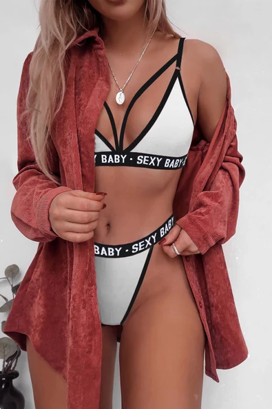 Kadın Beyaz Yazı Detaylı Ipli Sütyen Takımı - Modern, Konforlu ve Günlük Kombinlere Uygun ürün görseli 1