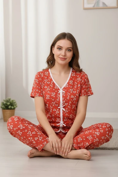 Kadın Turuncu Kalp Desenli Fiyonklu Kısa Kollu Uzun Pijama Takımı - Resim 2