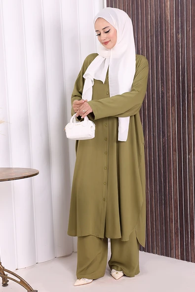 Düğmeli İkili Takım 6057 Haki - Resim 2