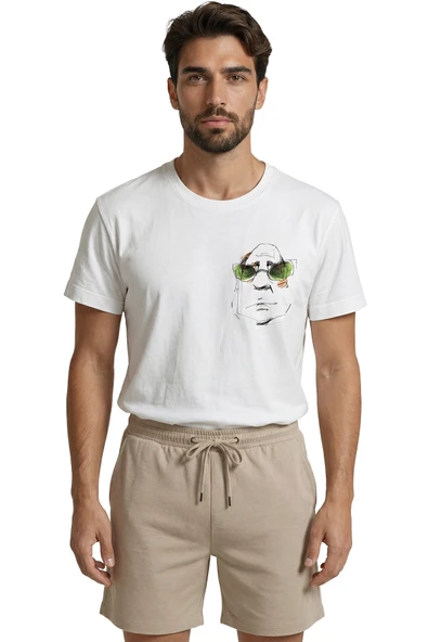 Minimalist Çizim Yeşil Gözlüklü Karakter Baskılı Premium Erkek Tişört ürün görseli 1